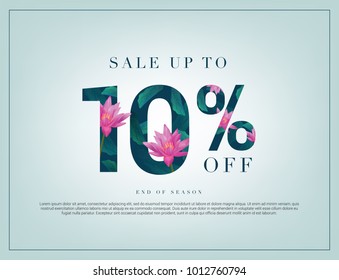 10% lettering handmade with leaves and flower tropical decoration. For Sale discount, Web Promotion, Poster Banner Background, Sign and symbol. Luxury unique style, Green color, Vector illustration