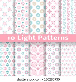 10 Light floral romantic vector patterns (tiling). Shabby chic pink and blue colors. Endless texture can be used for printing onto fabric and paper or scrap booking. Abstract flower wallpaper