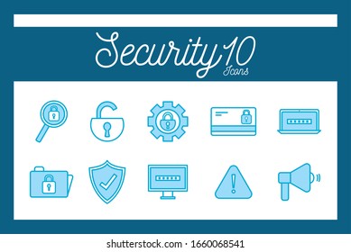 10 Linien- und Füllstil-Icon Set Design of Security System Warnung Schutz Gefahr Web-Alarm und sichere Theme Vektorillustration Illustration