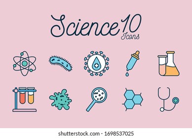 10 line and fill style icon set design, Science chemistry laboratory research technology biology equipment and test theme Vector illustration
