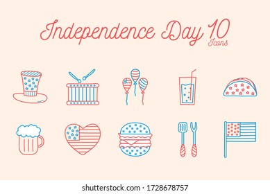 10 line and fill style icon set design, Independence day united states and national theme Vector illustration