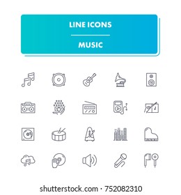 10. Line icons set. Music pack. Vector illustration with musical instruments, tools and devices
