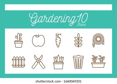 10 line style icon set design, Gardening garden planting nature ecology outdoors and botany theme Vector illustration