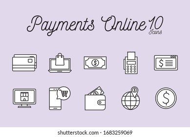 10 line style icon set of Payments online shopping money financial banking commerce market buy currency accounting and invest theme Vector illustration