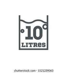 10 Liters l sign l-mark estimated volumes milliliters (ml) Vector symbol packaging, labels used for prepacked foods, drinks different liters and milliliters. 10 litre vol single icon isolated on white