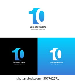 10 logo icon flat and vector design template. Monogram numbers one and zero. Logotype ten with blue gradient color. Creative vision concept logo, elements, sign, symbol for card, brand, banners.