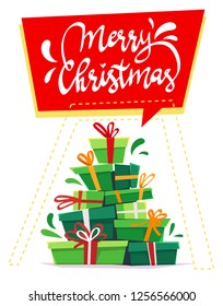 10 a lot many gifts stack triangle like Christmas tree form. green red white cartoon vector illustration of party invitation or print holliday greeting isolated on white