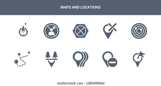 10 maps and locations vector icons such as map transports, marked place, minus location, motion, national park pin contains navigation trajectory, nearby, no gps, no stopping, no waiting. maps and