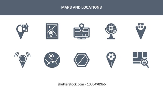 10 maps and locations vector icons such as find location, find on map, football field pin, forbidden, geo cordinates contains geolocalization, gift shop location, globe, gps device, gps location.