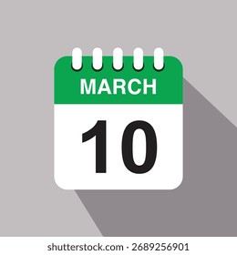 Icono de fecha del calendario de 10 de marzo. Ilustración vectorial con diseño de sombra
