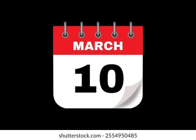 10 March calendar icon text page monthly web design on red, white and black background vector, icon, or illustration with the month of March 10