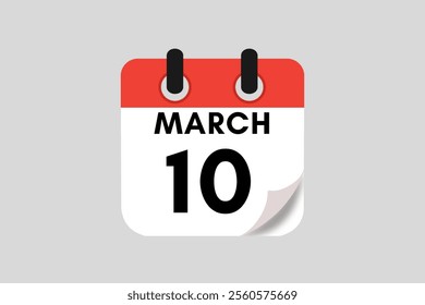 10 March calendar icon text page monthly web design on red, white, black and ash background vector, icon, or illustration with the month of March 10