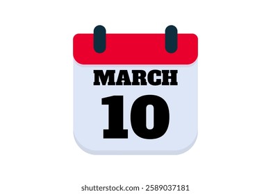 10 March calendar icon text page monthly web design on red, black and white background vector, icon, or illustration with the month of March 10