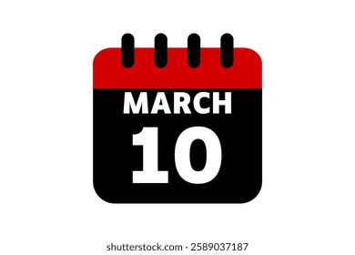 10 March calendar icon text page monthly web design on red, black and white background vector, icon, or illustration with the month of March 10