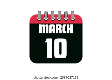 10 March calendar icon text page monthly web design on red, black and white background vector, icon, or illustration with the month of March 10
