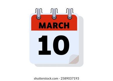 10 March calendar icon text page monthly web design on red, black and white background vector, icon, or illustration with the month of March 10
