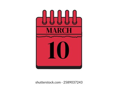 10 March calendar icon text page monthly web design on red, black and white background vector, icon, or illustration with the month of March 10