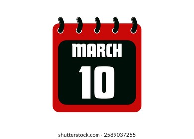 10 March calendar icon text page monthly web design on red, black and white background vector, icon, or illustration with the month of March 10