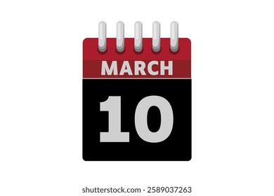 10 March calendar icon text page monthly web design on red, black and white background vector, icon, or illustration with the month of March 10