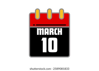 10 March calendar icon text page monthly web design on red, black, yellow and white background vector, icon, or illustration with the month of March 10