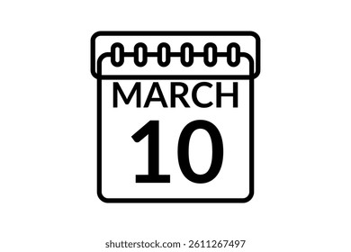 10 March calendar icon text page monthly web design on black and white background vector, icon, or illustration with the month of March 10