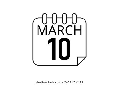 10 March calendar icon text page monthly web design on black and white background vector, icon, or illustration with the month of March 10
