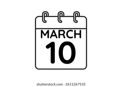 10 March calendar icon text page monthly web design on black and white background vector, icon, or illustration with the month of March 10