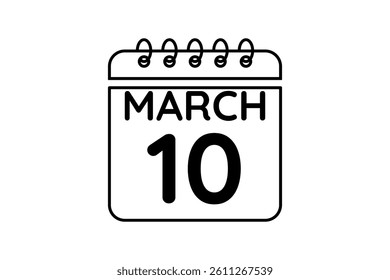 10 March calendar icon text page monthly web design on black and white background vector, icon, or illustration with the month of March 10