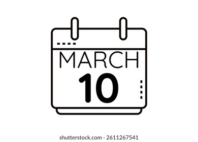 10 March calendar icon text page monthly web design on black and white background vector, icon, or illustration with the month of March 10