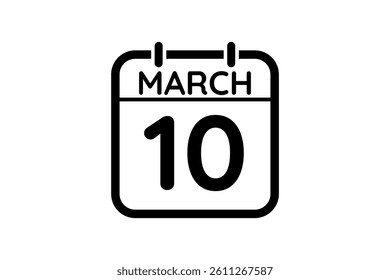 10 March calendar icon text page monthly web design on black and white background vector, icon, or illustration with the month of March 10
