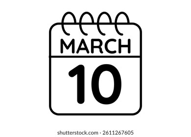 10 March calendar icon text page monthly web design on black and white background vector, icon, or illustration with the month of March 10