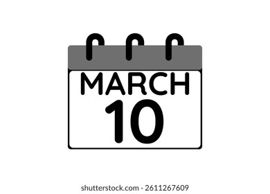 10 March calendar icon text page monthly web design on black and white background vector, icon, or illustration with the month of March 10