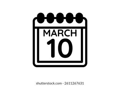 10 March calendar icon text page monthly web design on black and white background vector, icon, or illustration with the month of March 10