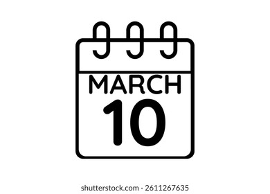 10 March calendar icon text page monthly web design on black and white background vector, icon, or illustration with the month of March 10