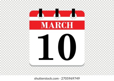 10 March Calendar icon vector, 10 dates of March month calendar icon, dates of March 10 icon calendar, vector calendar icon.