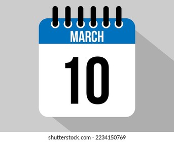 10 March calendar vector icon. Blue March date for the days of the month and the week on a light background