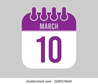 Vector del calendario del 10 de marzo. Icono para los días de marzo en el calendario púrpura