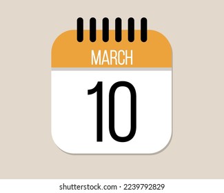 icono del calendario del día 10 de marzo. Vector de calendario naranja en fondo claro para los días de marzo