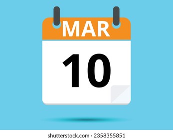 10 March. Flat icon calendar isolated on blue background. Vector illustration.