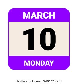 10 March, Monday. Date template. Useful design for calendar or event promotion. Vector illustration EPS 10 File. Isolated on white background. 