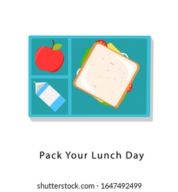 10 march pack your lunch day cartoon hand drawn style flat vector design illustrations. Concept of lunch box with sandwich , milk and apple.