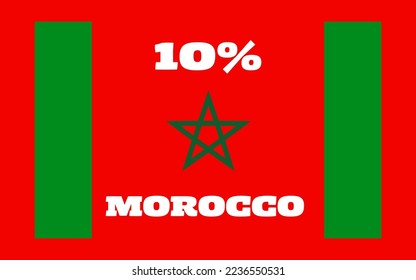 10% Marocco-Zeichen, Vektorgrafik, weiße Schriftart und grüne Linie Farbe auf rotem Hintergrund, Draufsicht.