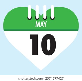 10 May calendar icon green heart shape on light sky blue color background, calendar vector symbol for the month of May.