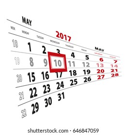 10 May highlighted on calendar 2017. Week starts from Monday. Vector Illustration.