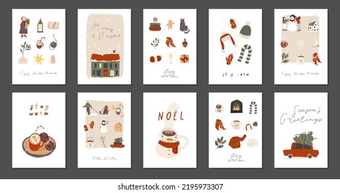 10 Merry Christmas and Happy New Year postcards, posters collection, design bundle pack. Traditional winter holiday hand drawn symbol set: toys, snowman, cozy house a4 flat cartoon vector illustration