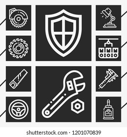 10 metal  outline style icons about saw, wrench, caliper, circular saw, lamp, steering wheel, conveyor, glue