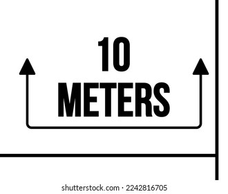 10 metros. Vector con distancia marcada y flecha negra. Unidad de medida en metros para marcado