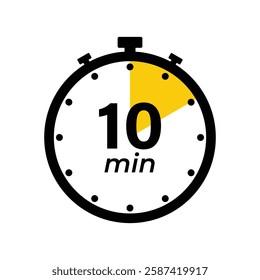 10 minute Timer, clock, stopwatch isolated icons. Countdown timer symbol. Label cooking time. Minute timer, Time measure, Chronometer, Alarm, Kitchen timer, label, sticker, stamp. Vector illustration