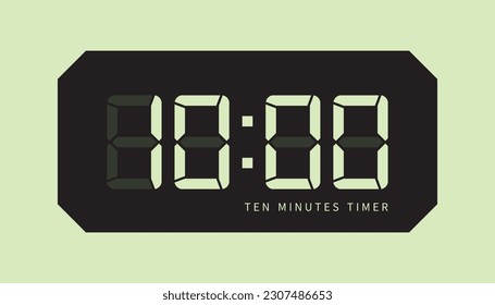 Icono de reloj digital de temporizador de 10 minutos, estilo retro LED. Reloj, Botón Detener Vigilancia, Mostrando Un Estado De Diez Minutos. Cuenta regresiva, Cocina, Indicación de la cantidad. Vector aislado.