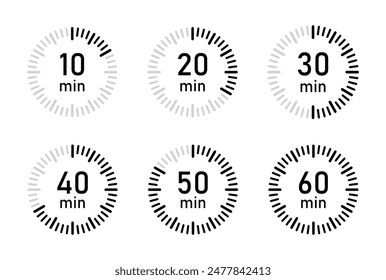 From 10 minutes to 60 minutes on stopwatch vector icon set in flat design. Countdown sign business concept. 10, 20, 30, 40, 50, 60 minutes timer, clock vector icon set. Vector illustration.